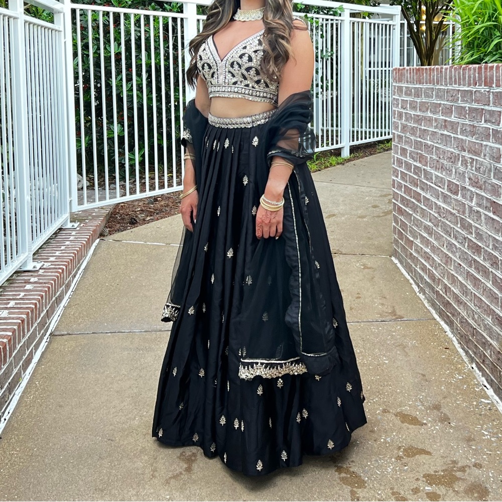 Black and Gold Embroidered Satin Lehenga